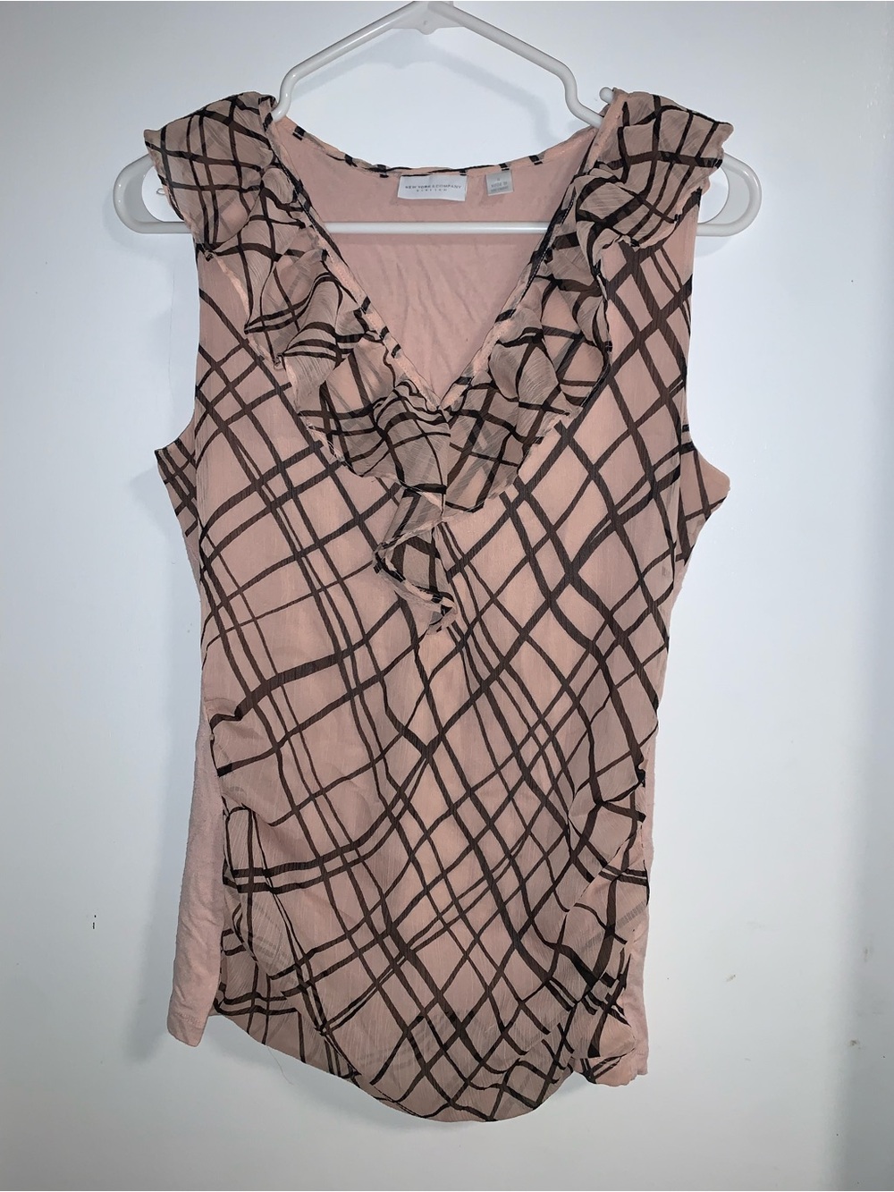 New York & Company Pink Plaid Ruffle V-Neck Sleeveless Top